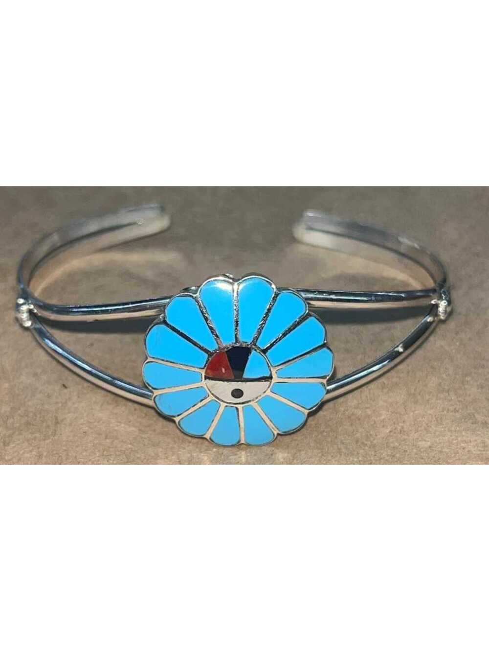 Zuni cluster traditional sunface turquoise, coral sterling silver inlay